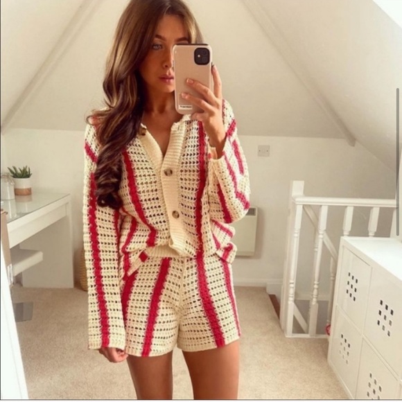 ZARA High Waisted Openwork Knit Shorts - Picture 1 of 8